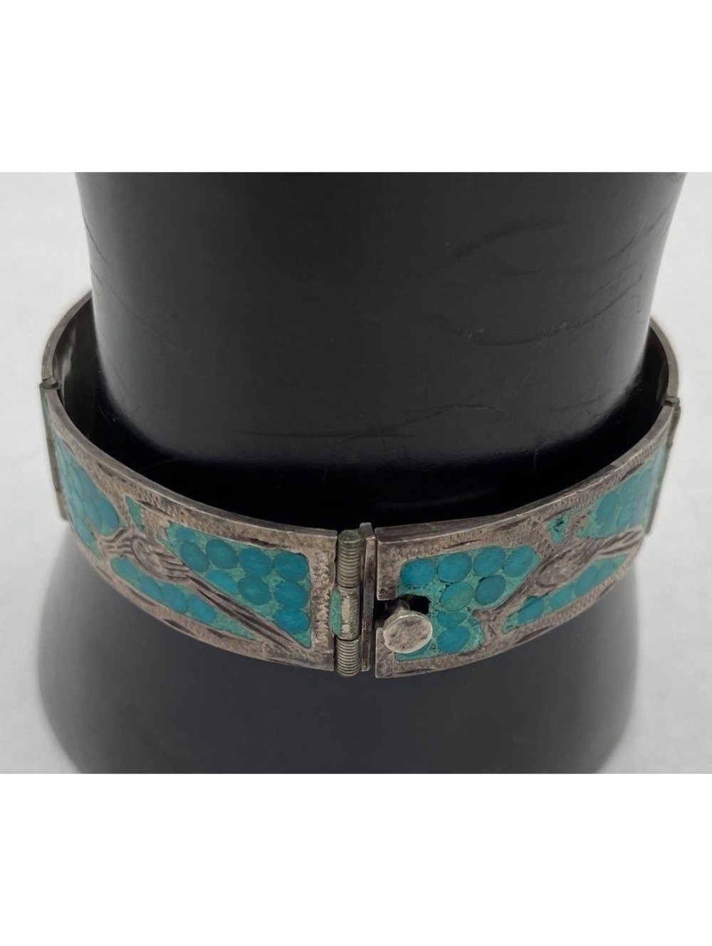 Vintage R.S.S. Mexico Turquoise Inlay Roadrunner Silver Hinged Bracelet